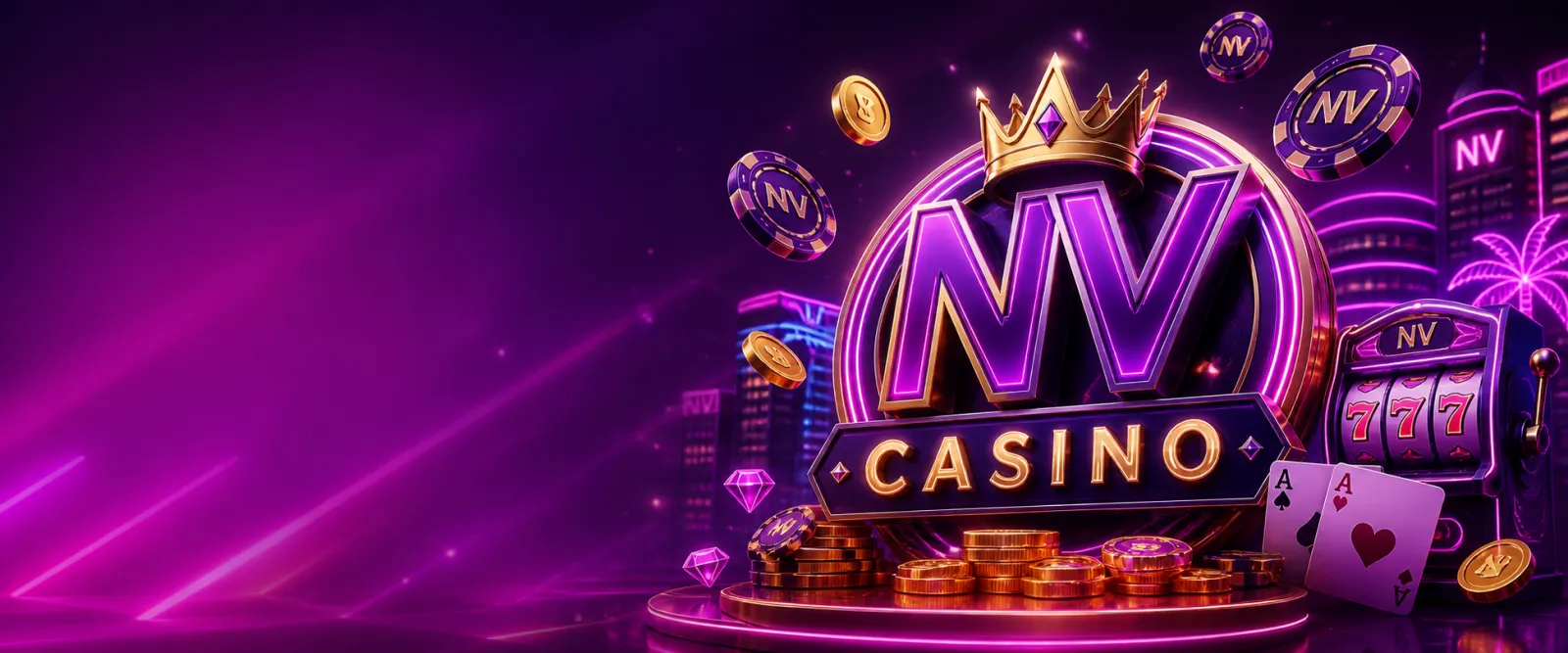 Dynamic promotional banner for NV Casino featuring neon purple-magenta colors and luxury iGaming atmosphere.