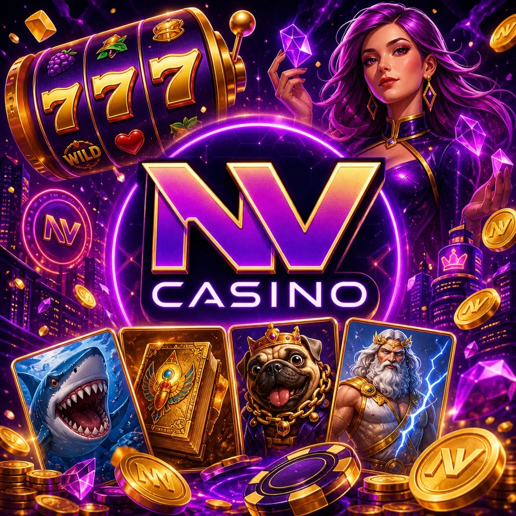 NV Casino promo image featuring official logo with purple-magenta neon, gold accents, and modern iGaming atmosphere